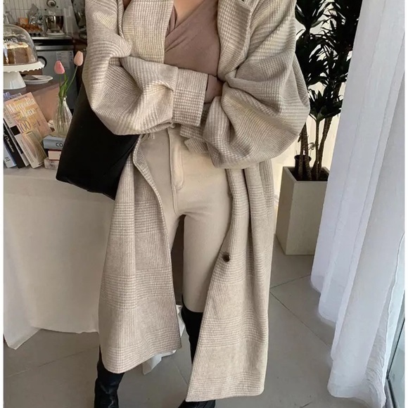 Coat long plaid vintage lantern puff sleeve runway womens soft khaki belt - Picture 10 of 10